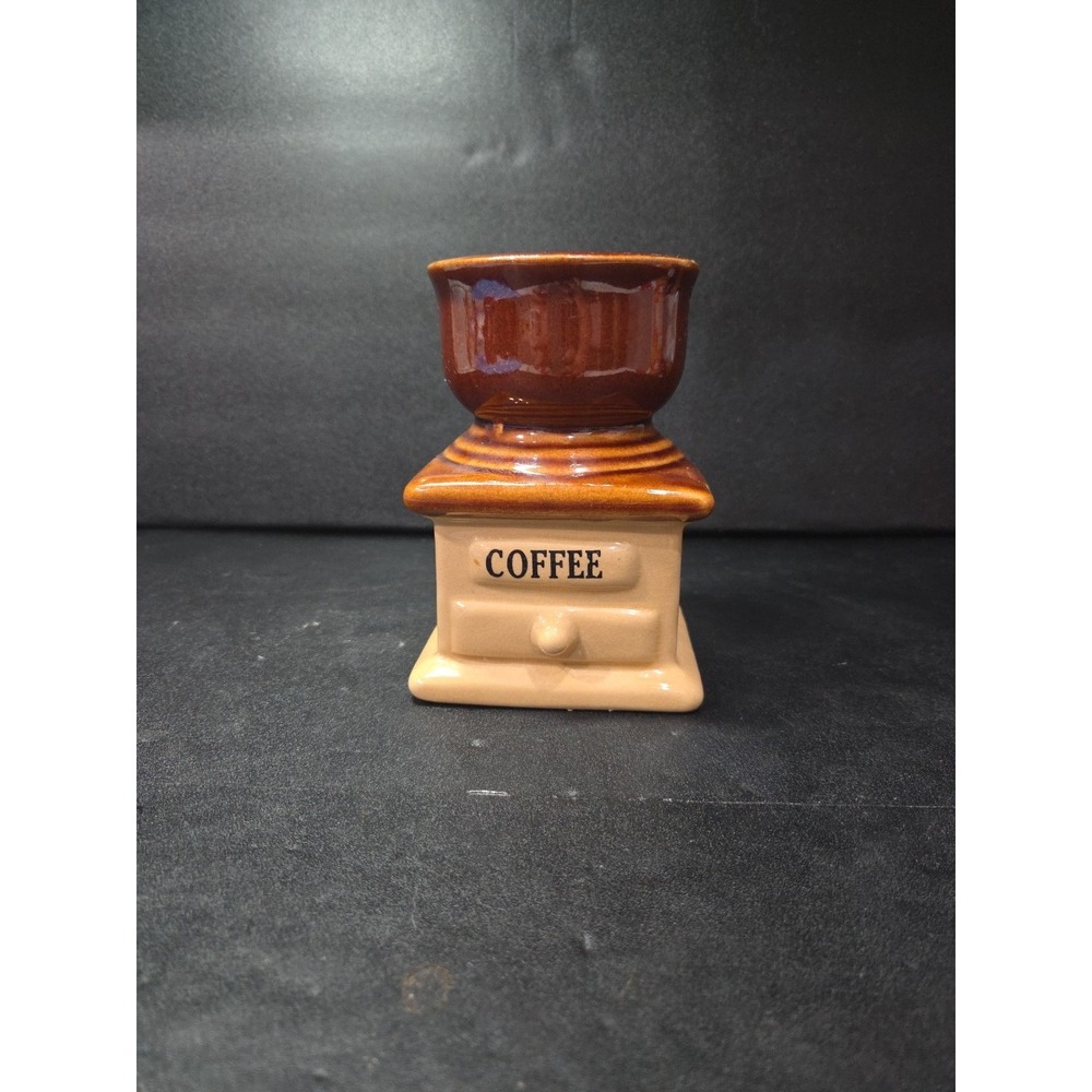 Coffee Grinder Vase, Ceramic Planter, Brown and Beige Drip, Mid Century Decor